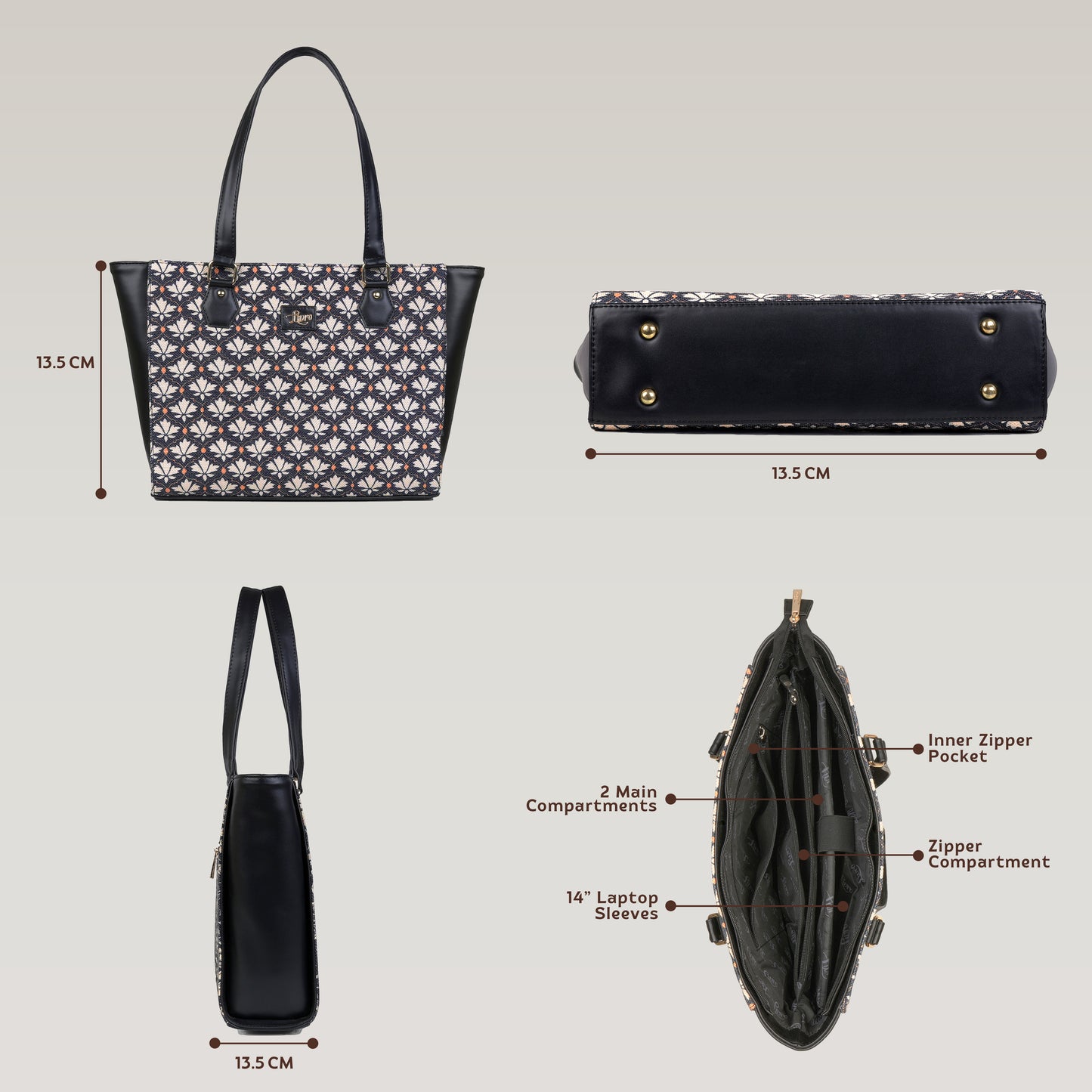 Vegan Leather Deco Floral Tote Laptop Bag For Women