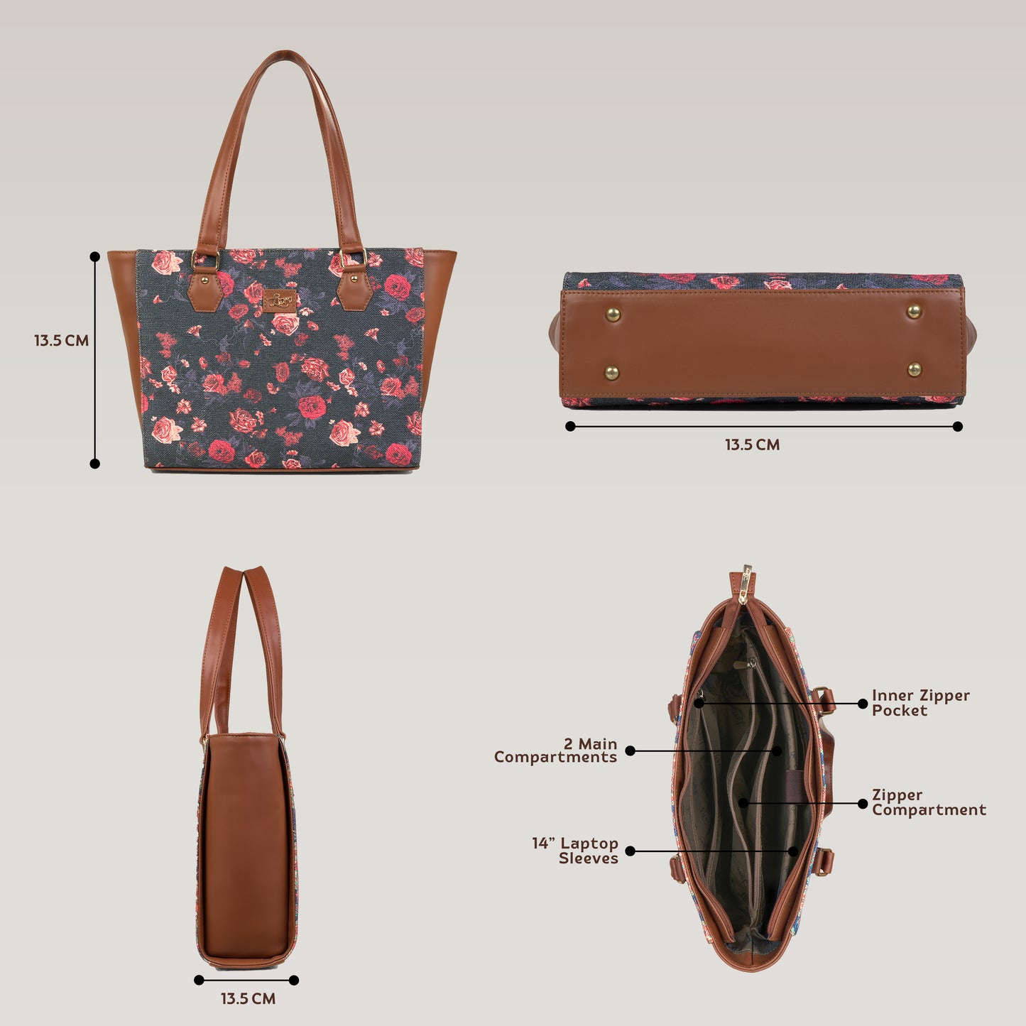 Vegan Leather Red Floral Tote Laptop Bag For Women