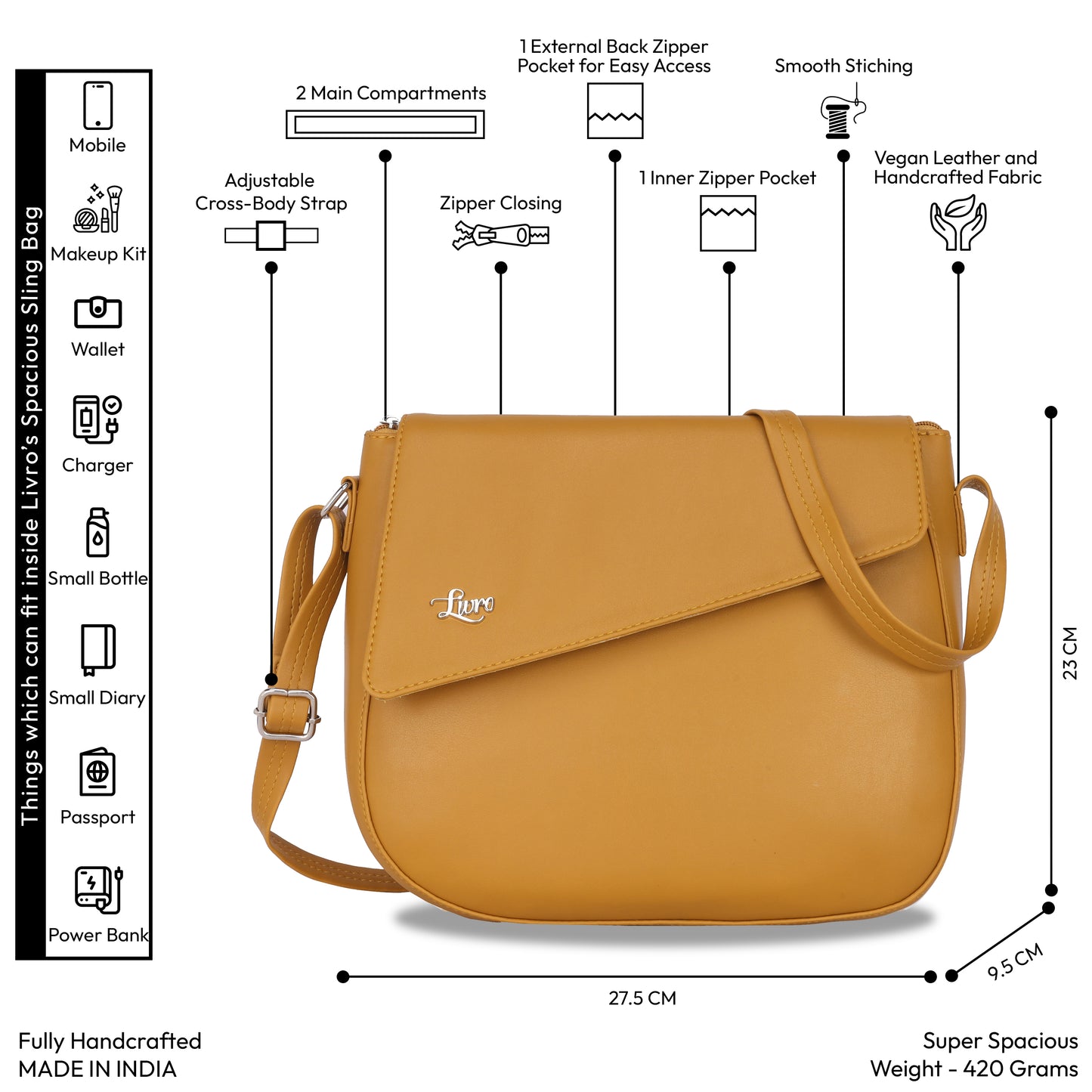 Vegan Leather Yellow Sling Bag