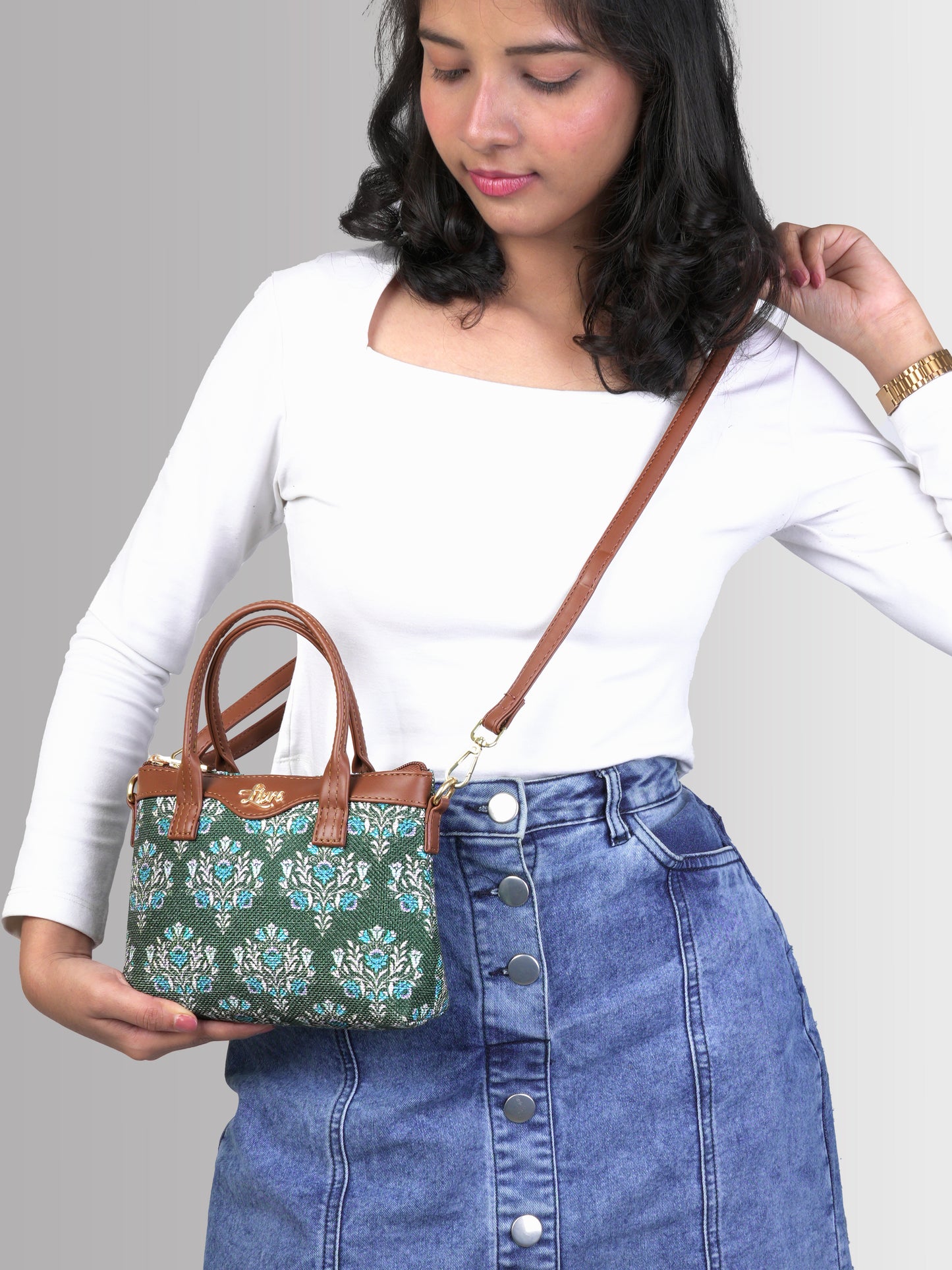 Lily Vegan Leather Damask Green Brown Sling Bag