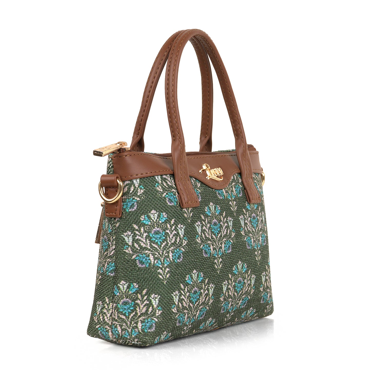 Lily Vegan Leather Damask Green Brown Sling Bag