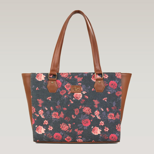 Vegan Leather Red Floral Tote Laptop Bag For Women
