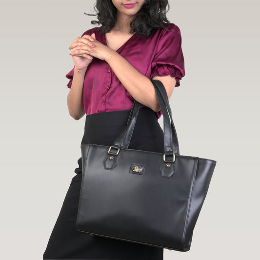 Vegan Leather Black Tote Laptop Bag For Women