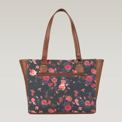 Vegan Leather Red Floral Tote Laptop Bag For Women