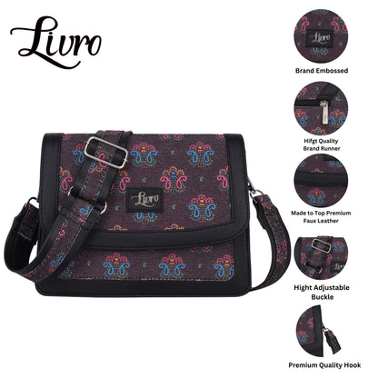 LIVRO Jute Printed Hand Crafted Vegan Leather styles Flap Sling Bag