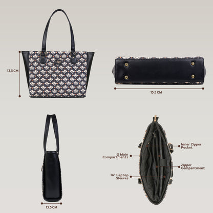Vegan Leather Deco Floral Tote Laptop Bag For Women