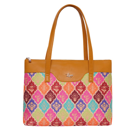 Printed Jute Vegan Leather Handcrafted Women's Office Bag Ladies Shoulder for College Girls Tote Bag