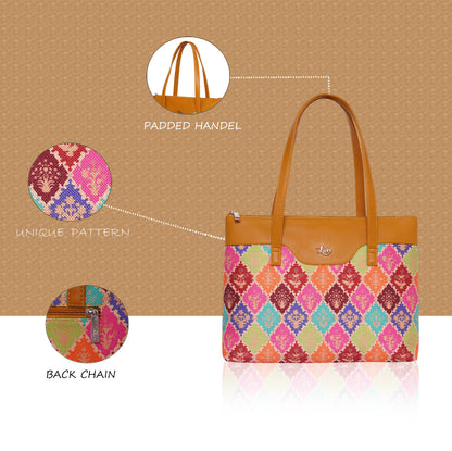 Printed Jute Vegan Leather Handcrafted Women's Office Bag Ladies Shoulder for College Girls Tote Bag