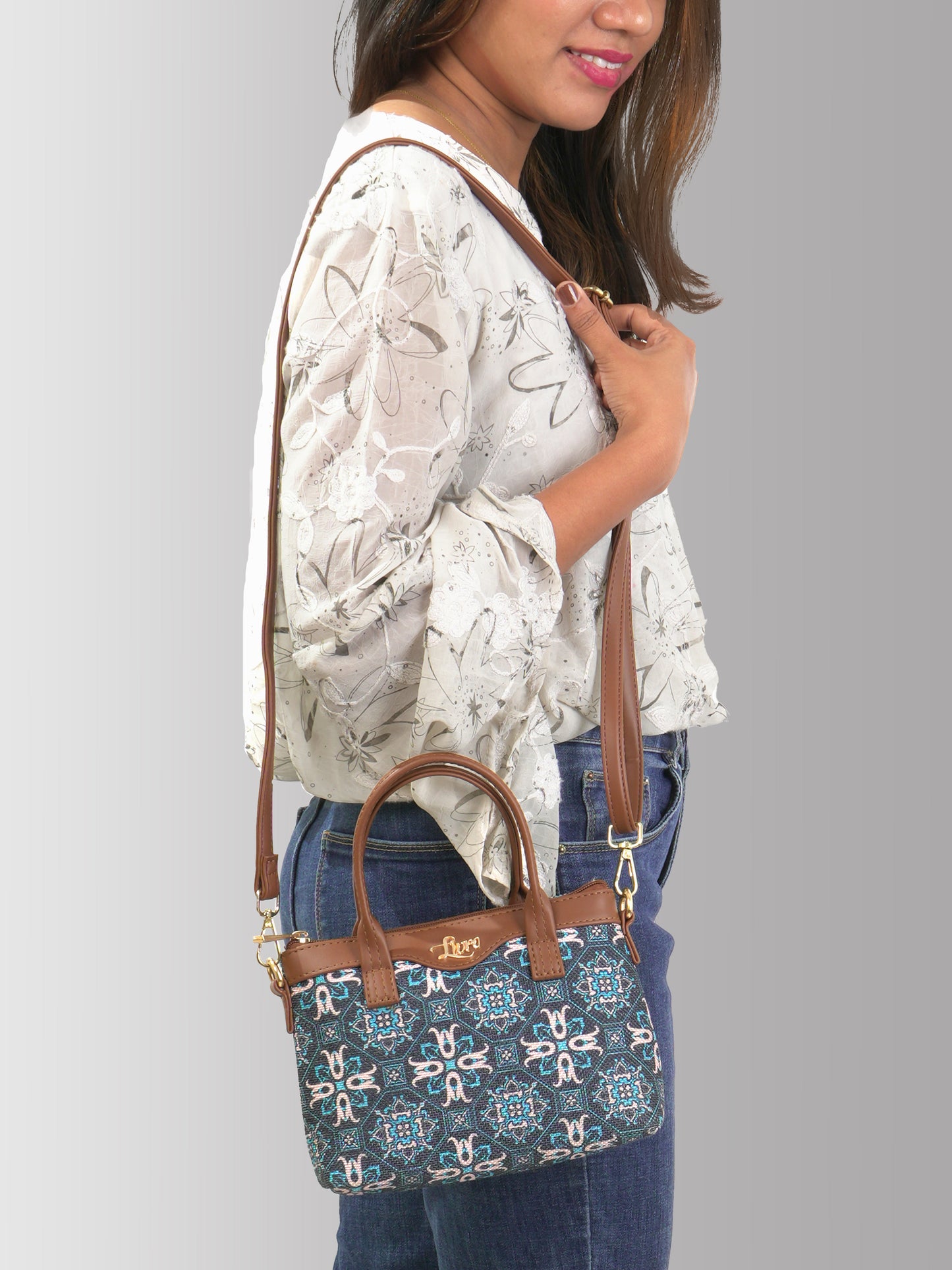 Lily Vegan Leather Mosaic Blue Brown Sling Bag