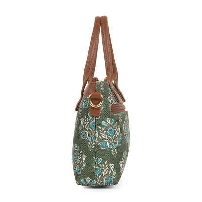 Lily Vegan Leather Damask Green Brown Sling Bag